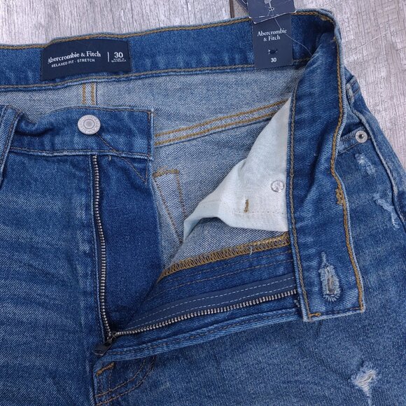 Abercrombie & Fitch Shorts Mens 30 Blue Relaxed Fit Distressed Denim Jorts - Picture 6 of 8